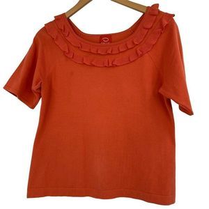 Womens Oscar De La Renta Orange Ruffle Top Medium Boatneck Short Sleeve 0532